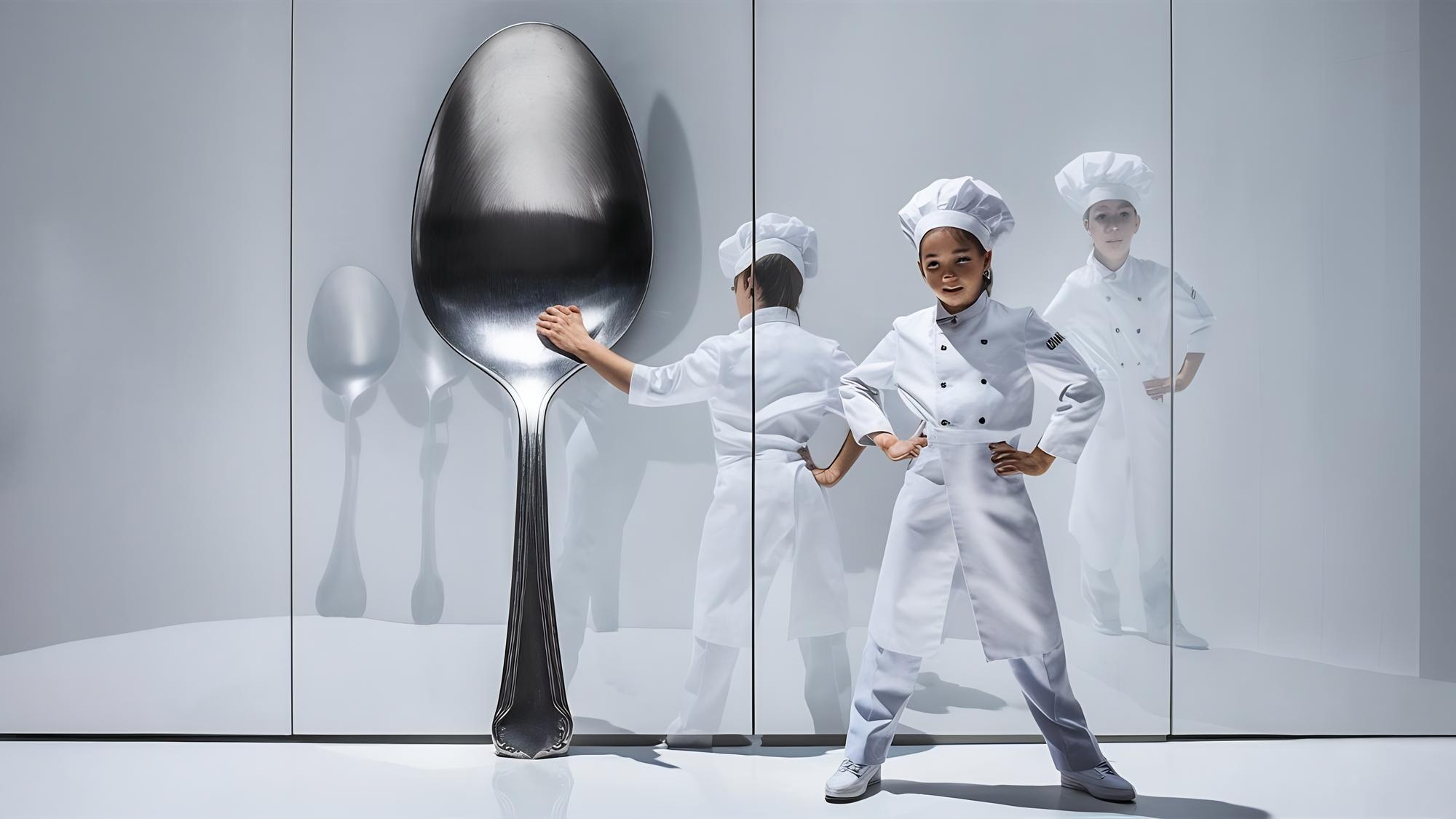 Chef demonstrating fast-technique plating on futuristic kitchen
